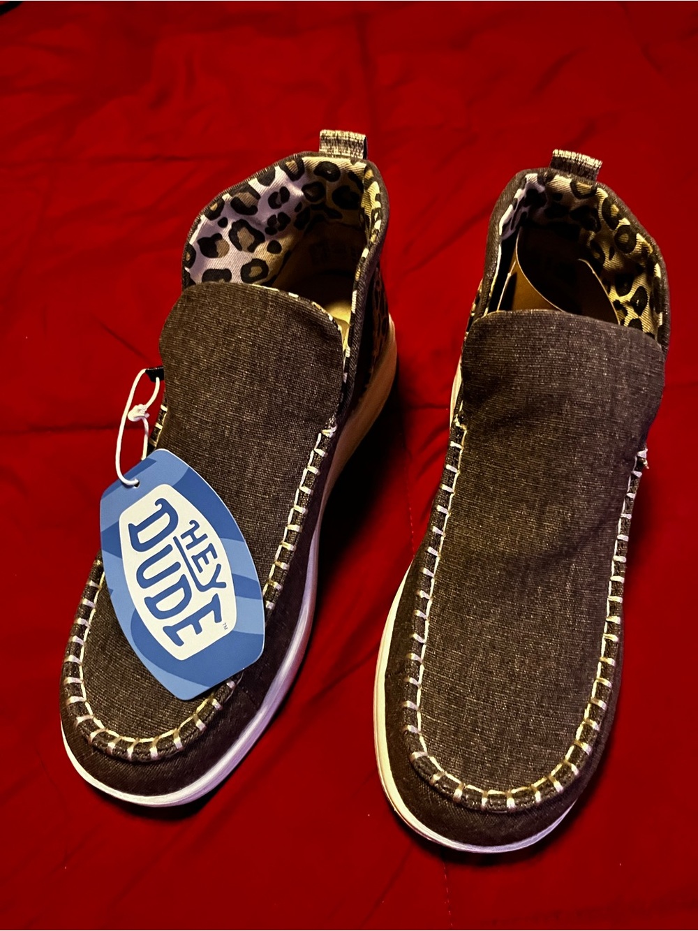 Hey Dude Womens  Slip-On Sneakers in Dark Gray with Leopard Lining